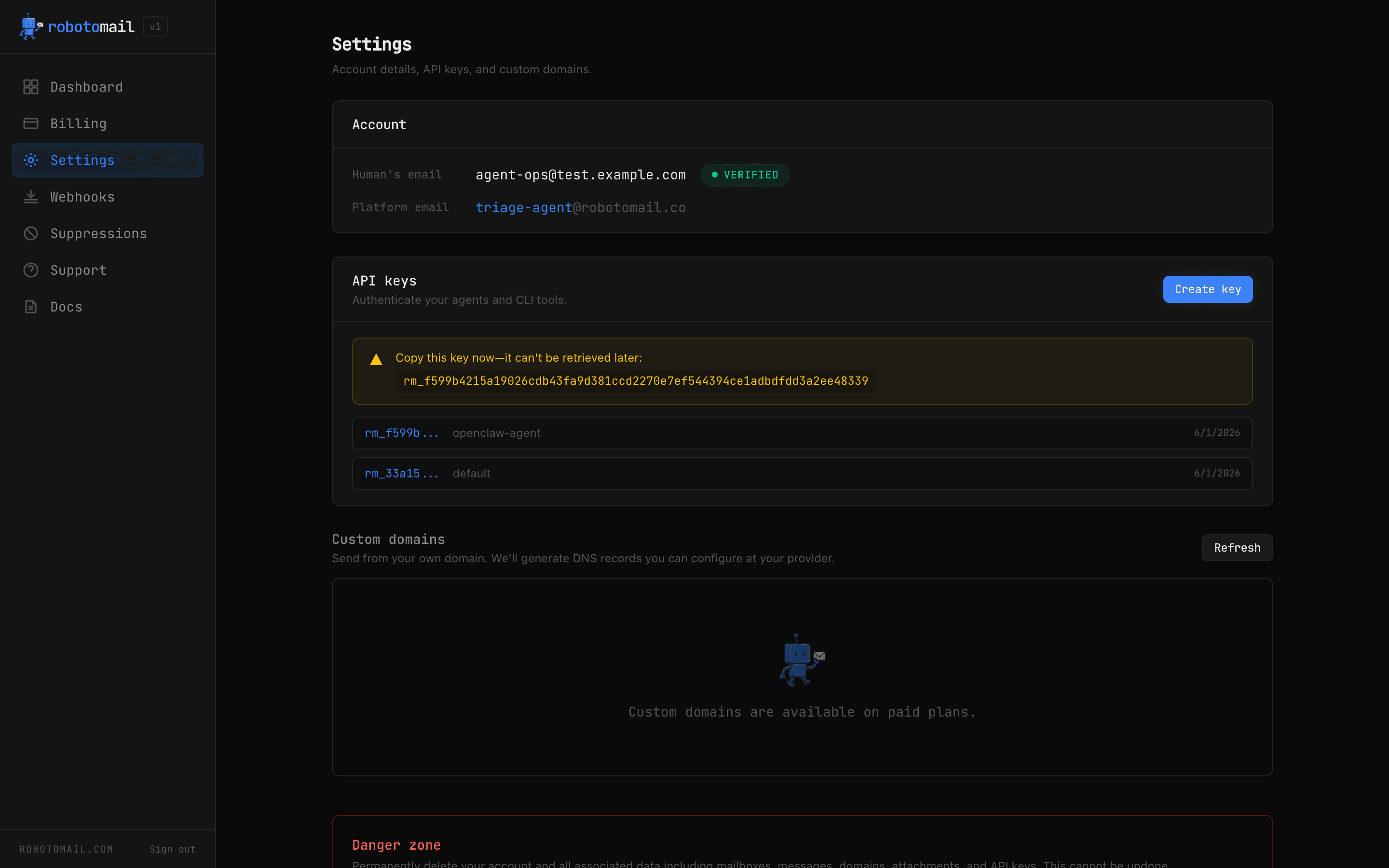 Robotomail Settings page revealing a newly created rm_ API key with a one-time copy warning