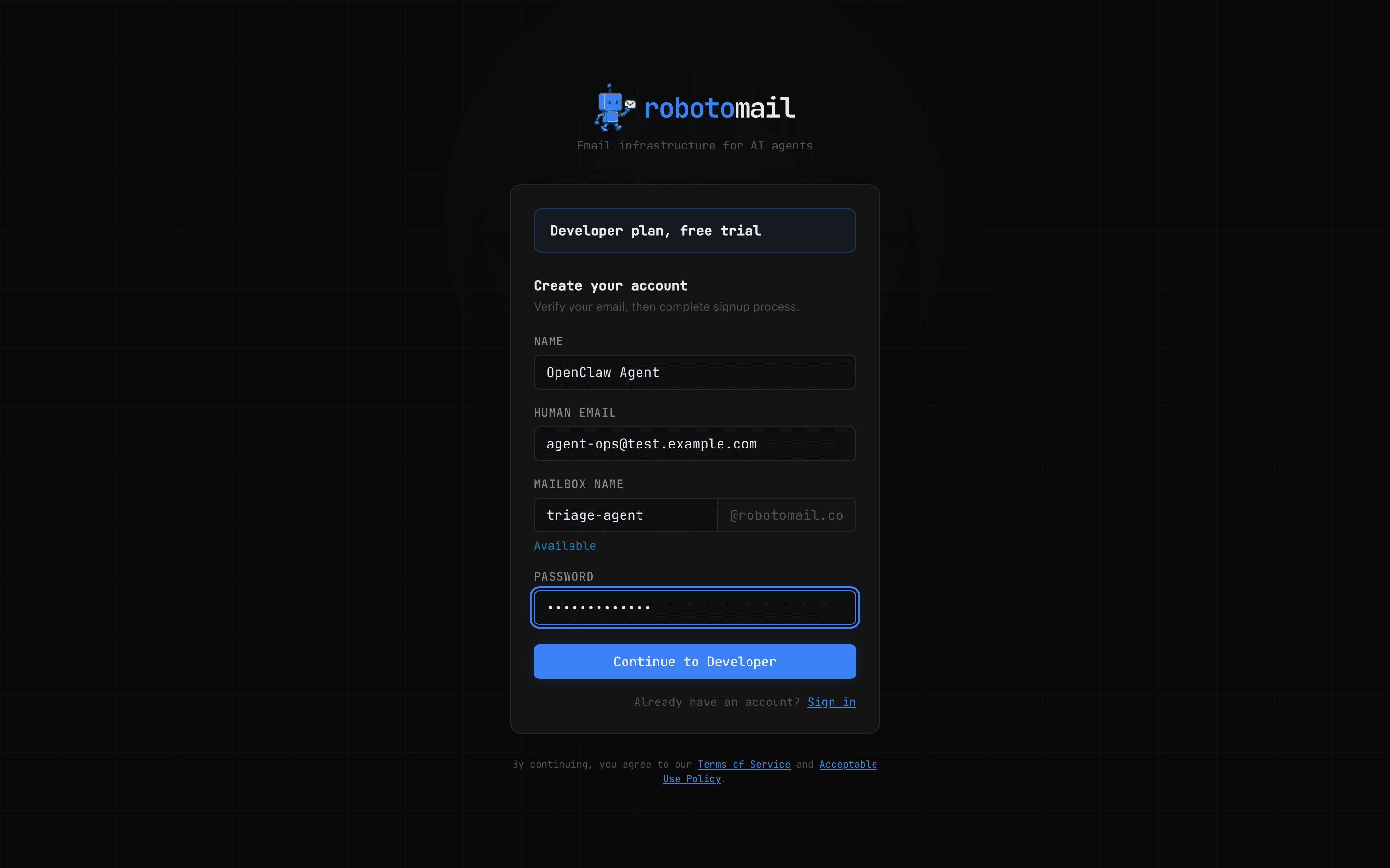 Robotomail signup form showing name, email, mailbox name with a live availability check, and password fields